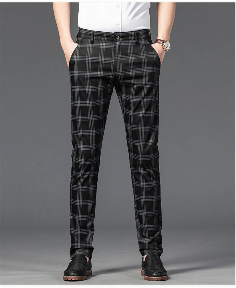 Spring Men's Trousers Fashion Business Classic Stripe Plaid Black Solid Color Trouser High Quality Formal Suit Pants Male 30-38