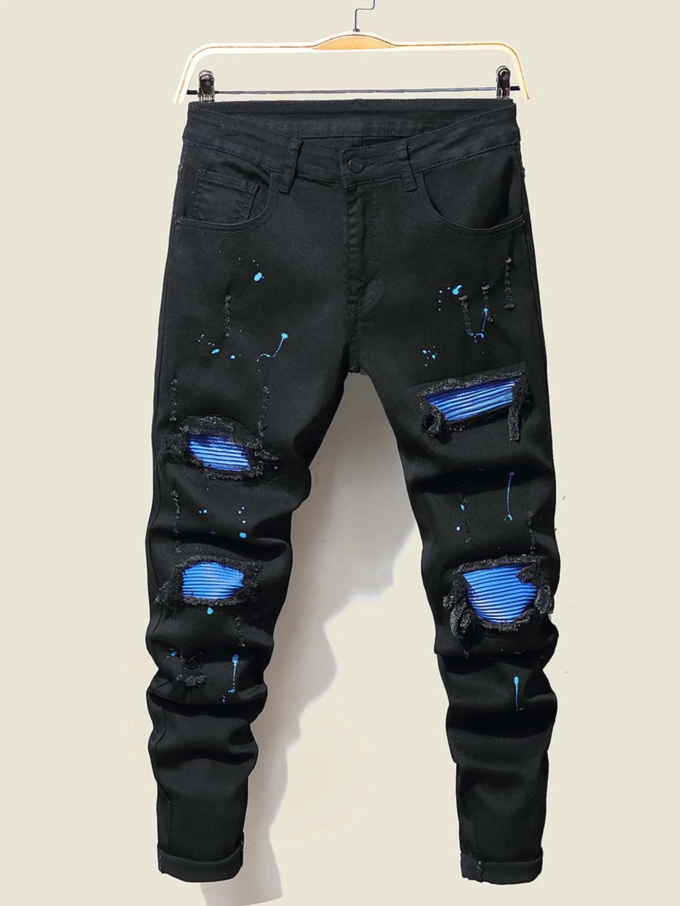 2022 Men's Jeans Cool Ripped Skinny Trousers Stretch Slim Denim Pants Large Size Hip Hop Black Blue Casual Jogging Jeans for Men