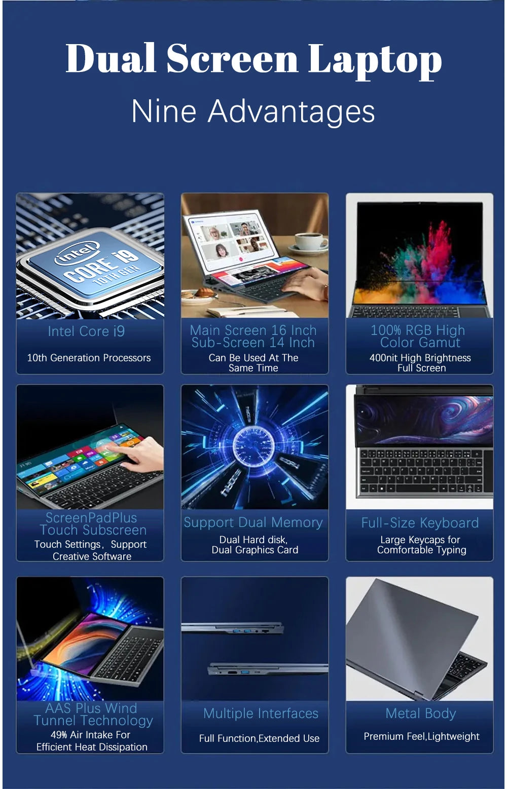 CRELANDER Double Screen Laptop Core i9 10th Generation Windows 11 Touch Screen Gamer Laptop PC Portable Notebook Computer