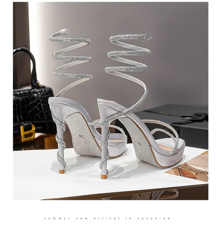 Summer new round toe waterproof table snake-shaped rhinestone women's shoes thin high-heeled banquet dress versatile sexy sandal
