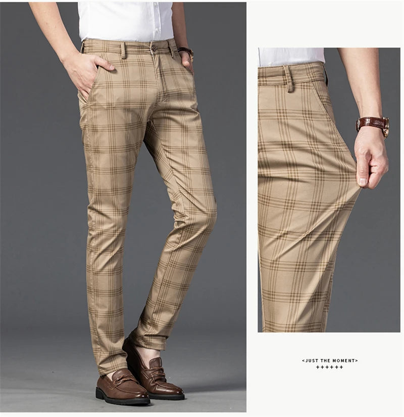 Spring Men's Trousers Fashion Business Classic Stripe Plaid Black Solid Color Trouser High Quality Formal Suit Pants Male 30-38