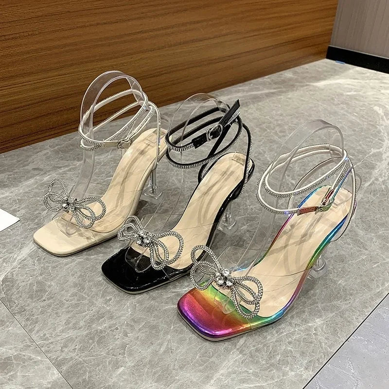 Sexy Rhinestone Bowknot Women's Sandals Jelly Transparent High Heels Summer Ankle Buckle Strap Party Shoe