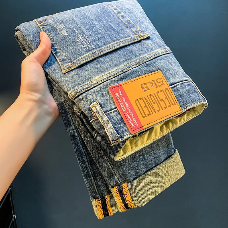 Light Luxury Jeans for Men 2024 Autumn Retro Distressed Casual Trousers Fashion Street Skinny Denim Pants