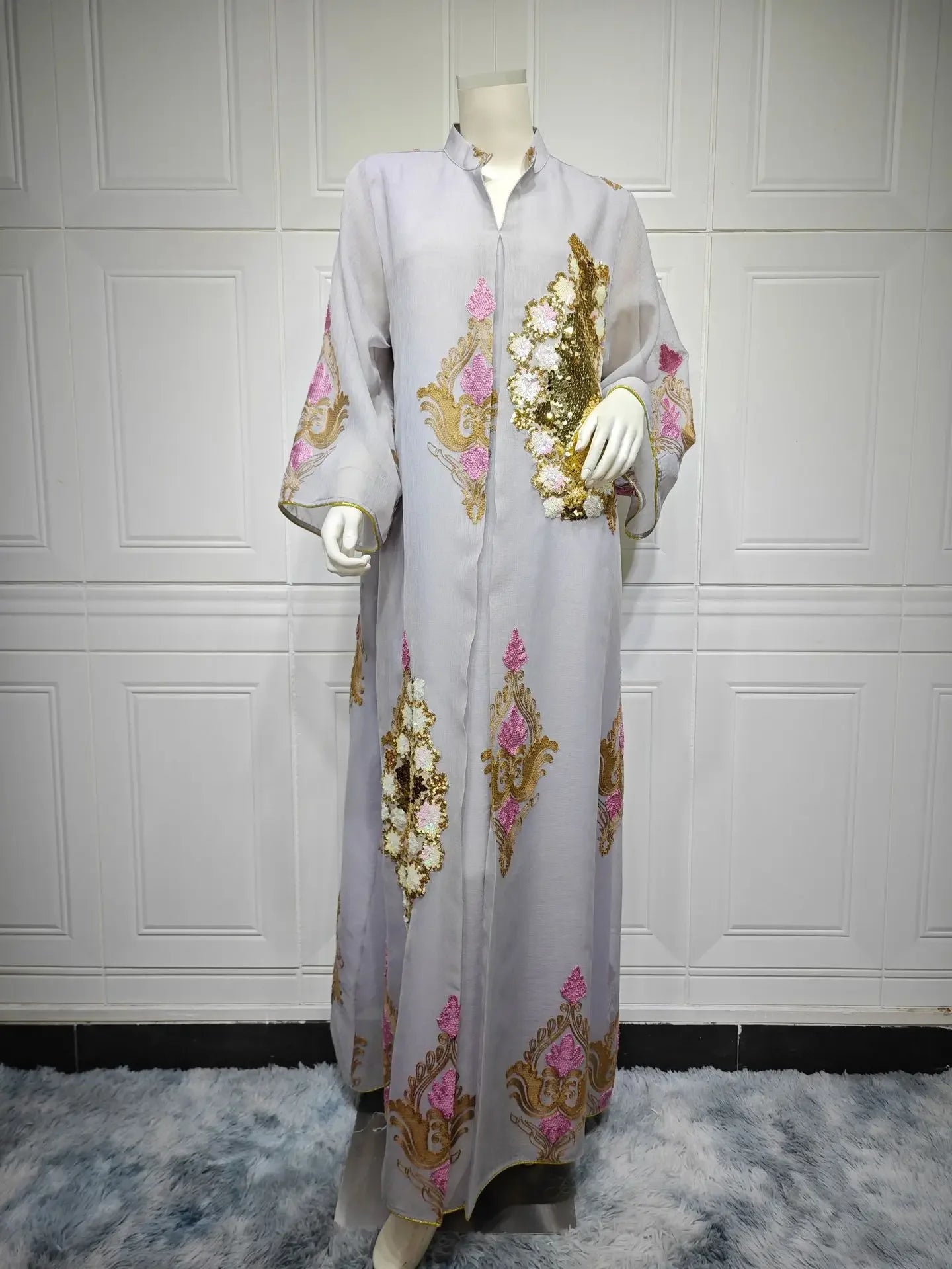 Mesh Sequins Embroidered Abaya Dress for Women Winter 2024 Middle East Arab Oman Dubai Muslim Moroccan Caftan Party Clothes Eid