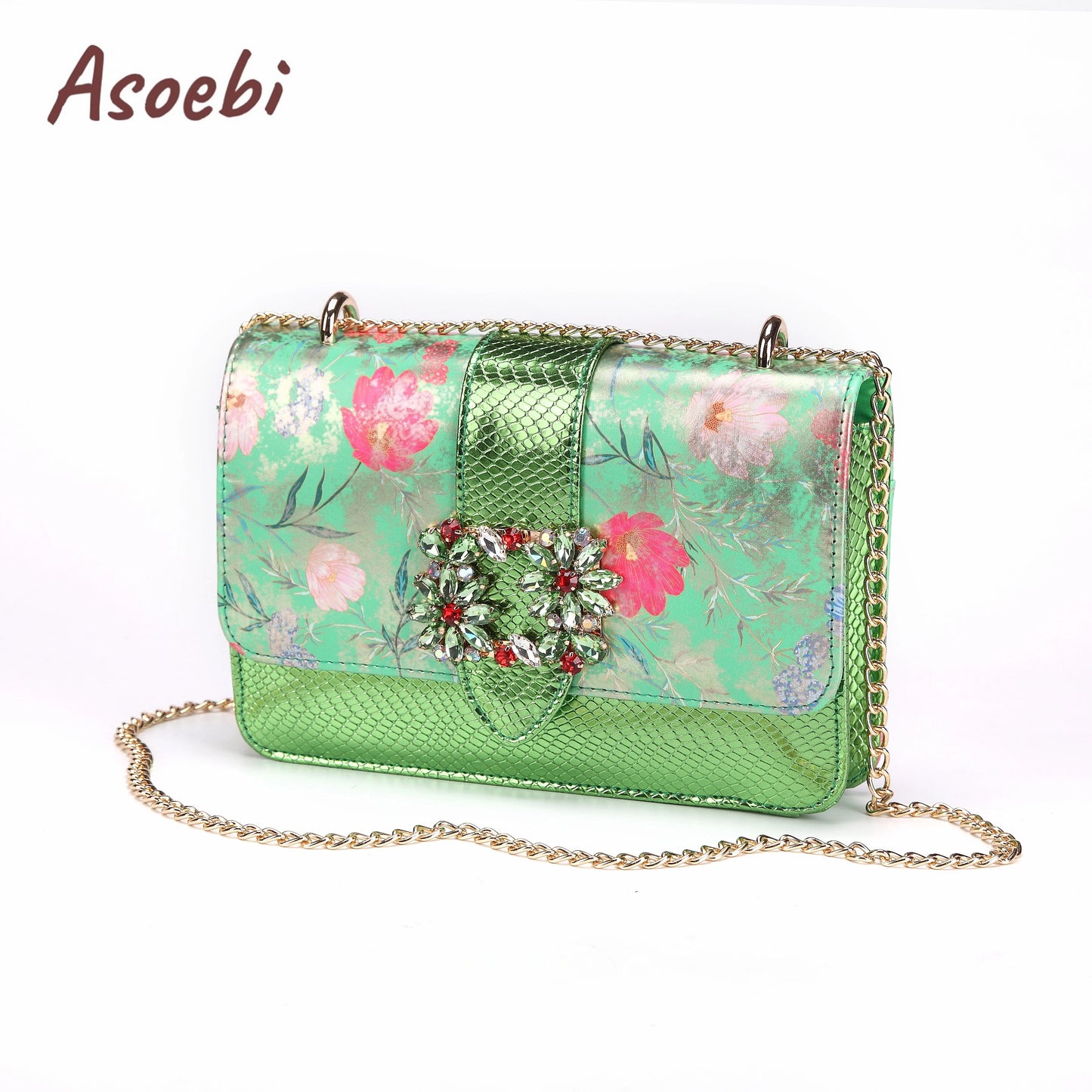 Women High Heels Sandals Printing Flower Material with Rhinestone Italian Design Coffee Color Pointed Toe Shoes and Bags Set