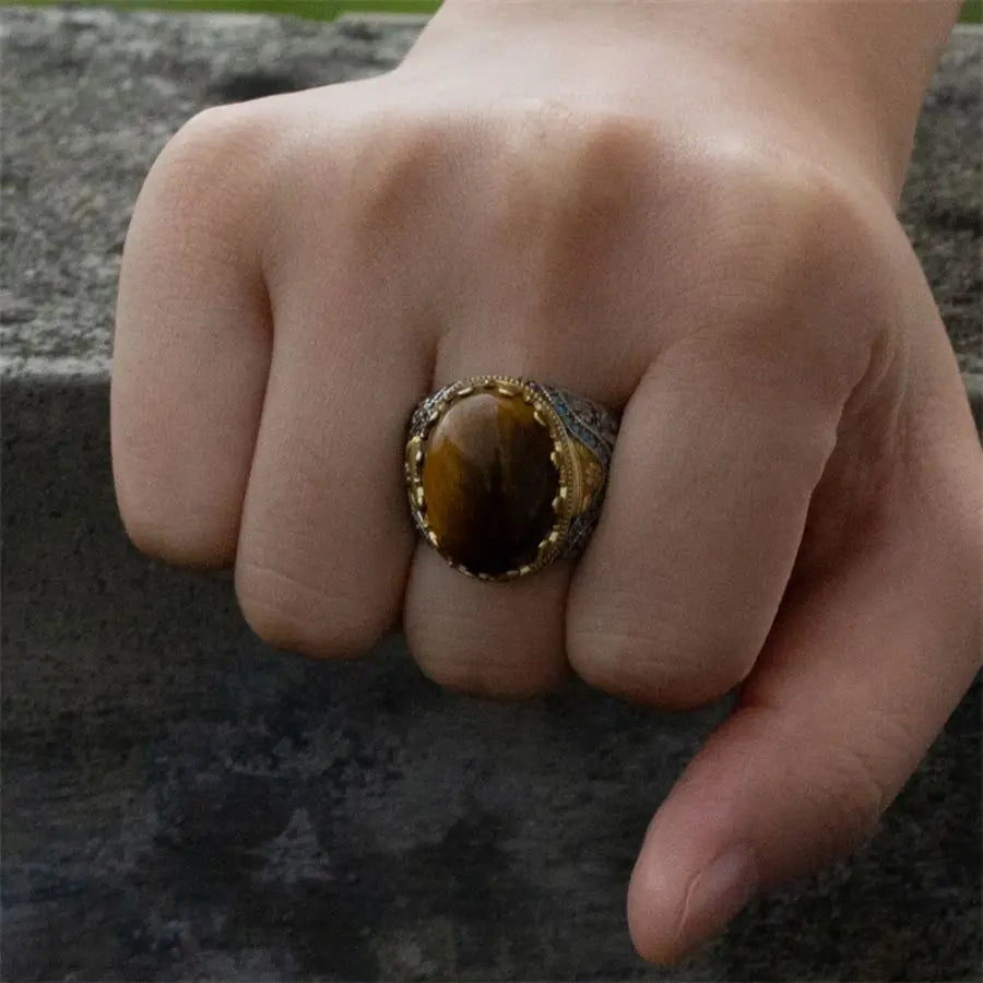 Wholesale Tiger eye's Stone Turkish rings Men Vintage Natural Handmade men Sterling silver ring 925 natural s