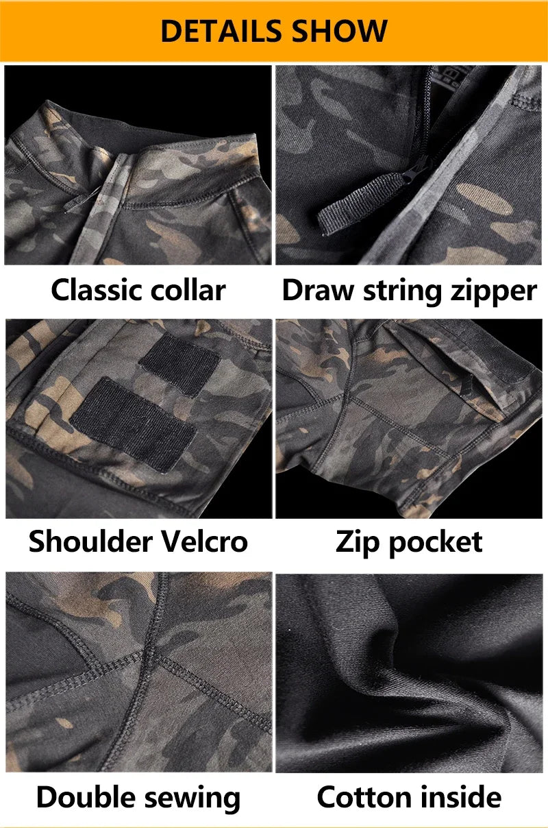 Outdoor Men T-Shirts Tactical Shirt 1/4 Zipper Short Camo TrainingTee Combat Shirts Paintball Hunting Clothing Wear-resistant