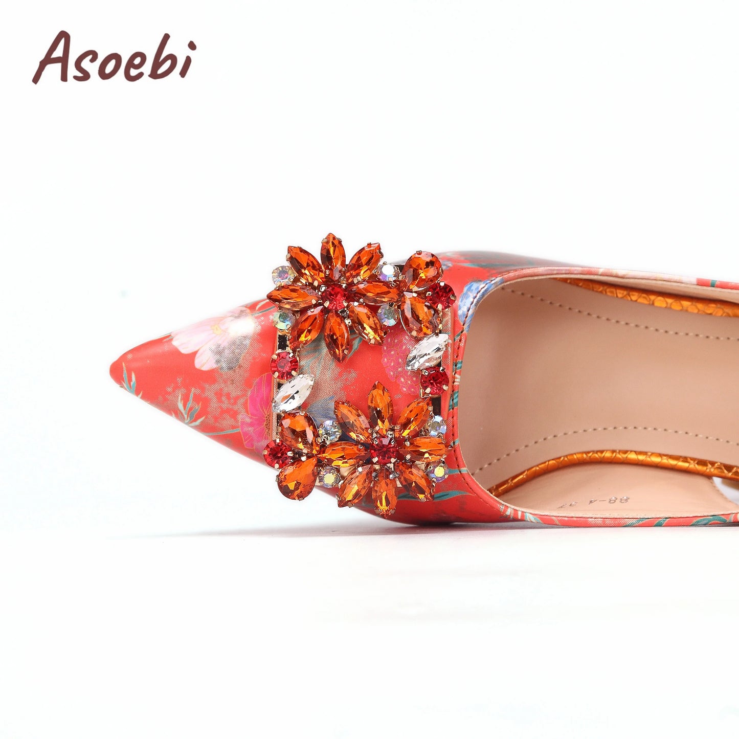 Women High Heels Sandals Printing Flower Material with Rhinestone Italian Design Coffee Color Pointed Toe Shoes and Bags Set