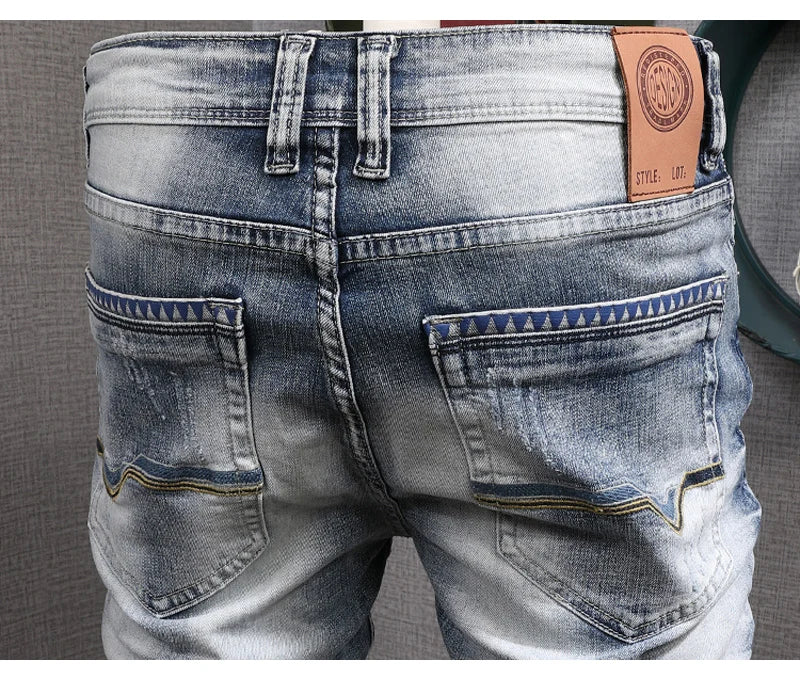 Fashion Designer Men Jeans Retro Light Blue Stretch Slim Fit Printed Ripped Jeans Men Hole Trousers Vintage Casual Pants Hombre