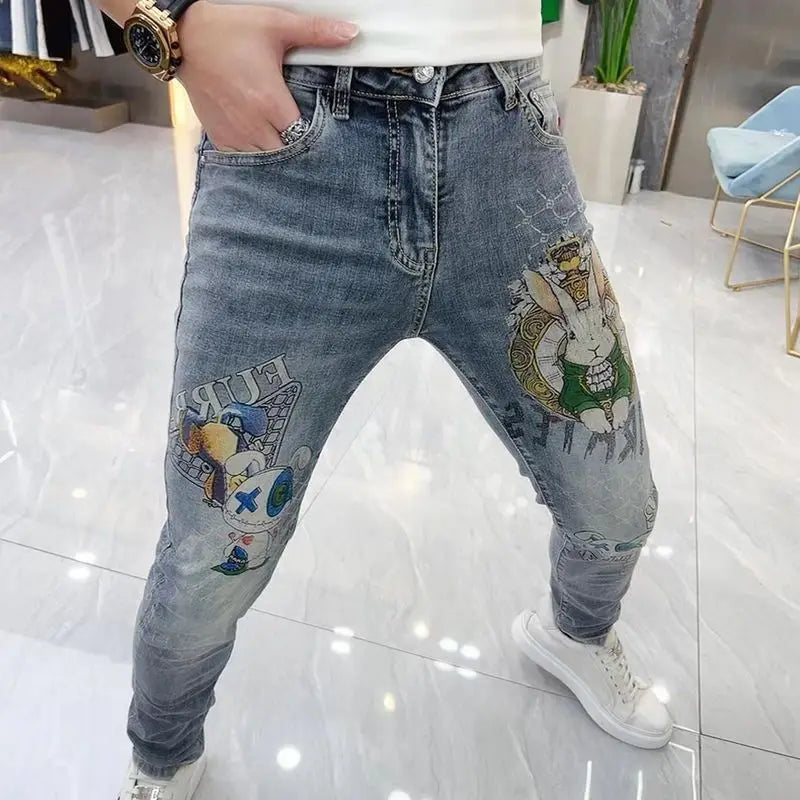 High-end European Korean Men's Slim Fit Jeans with Tiger Diamond Print for Casual Wear Spring Autumn Stretch Luxury Clothing Men