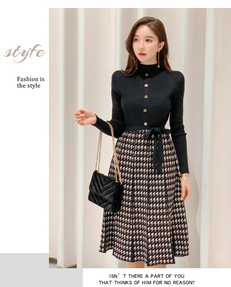 Korean Elegant Knitted Plaid Patchwork Midi Dress for Women Long Sleeve O-neck Bird Lattice Bow Pleated Dress Autumn Winter 2023