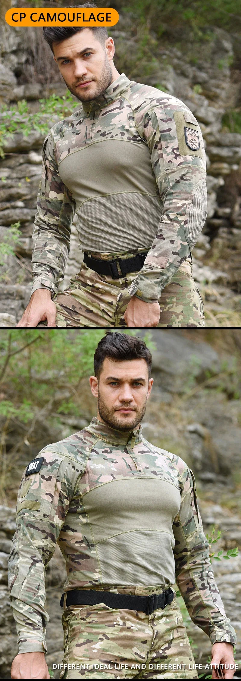 Combat Shirts 1/4 Zip Long Sleeve Tactical Shirts Breathable Outdoor Hiking Shirts Pullover Tops Hunting Clothes Wear Resistant
