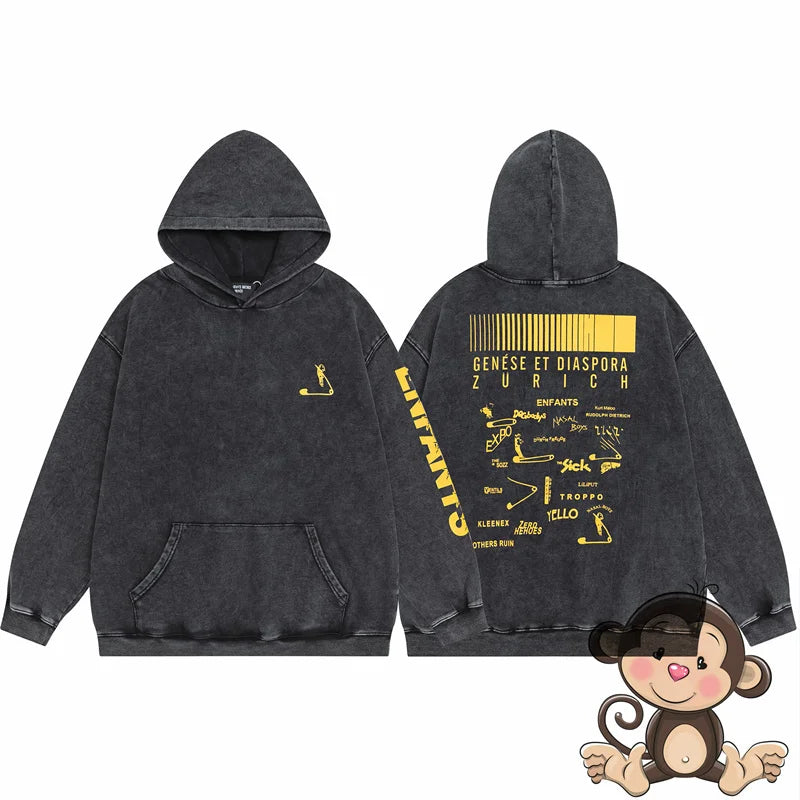 Retro washed black ERD hoodie loose casual men's and women's sportswear