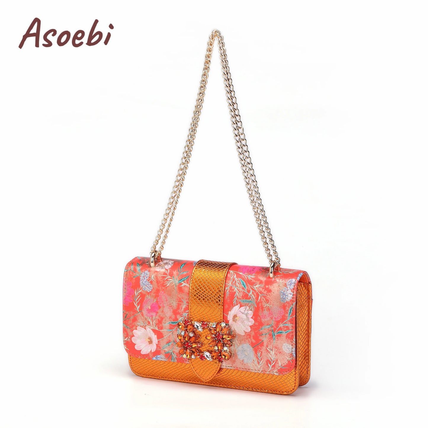 Women High Heels Sandals Printing Flower Material with Rhinestone Italian Design Coffee Color Pointed Toe Shoes and Bags Set