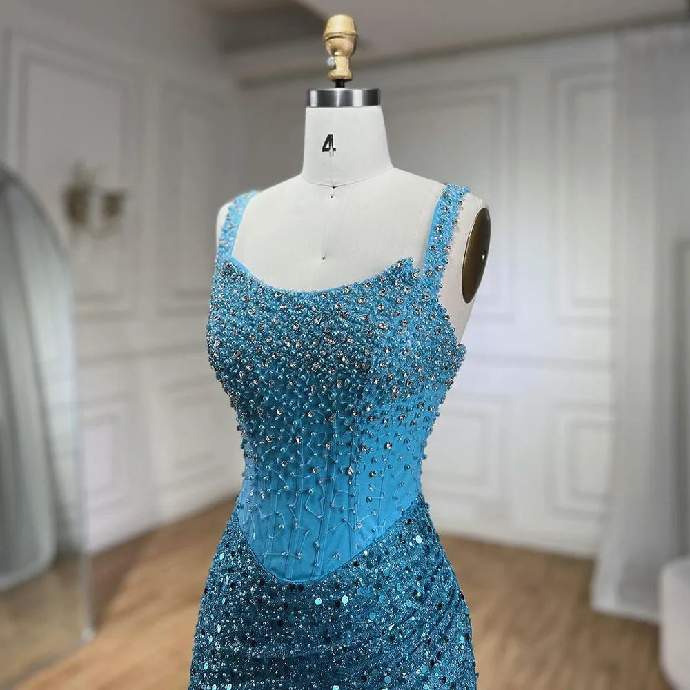 Serene Hill Beige Mermaid Floor Length Evening Gowns Luxury Beaded Crystal Spaghetti Strap Party Drsses For Women 2024 LA72163