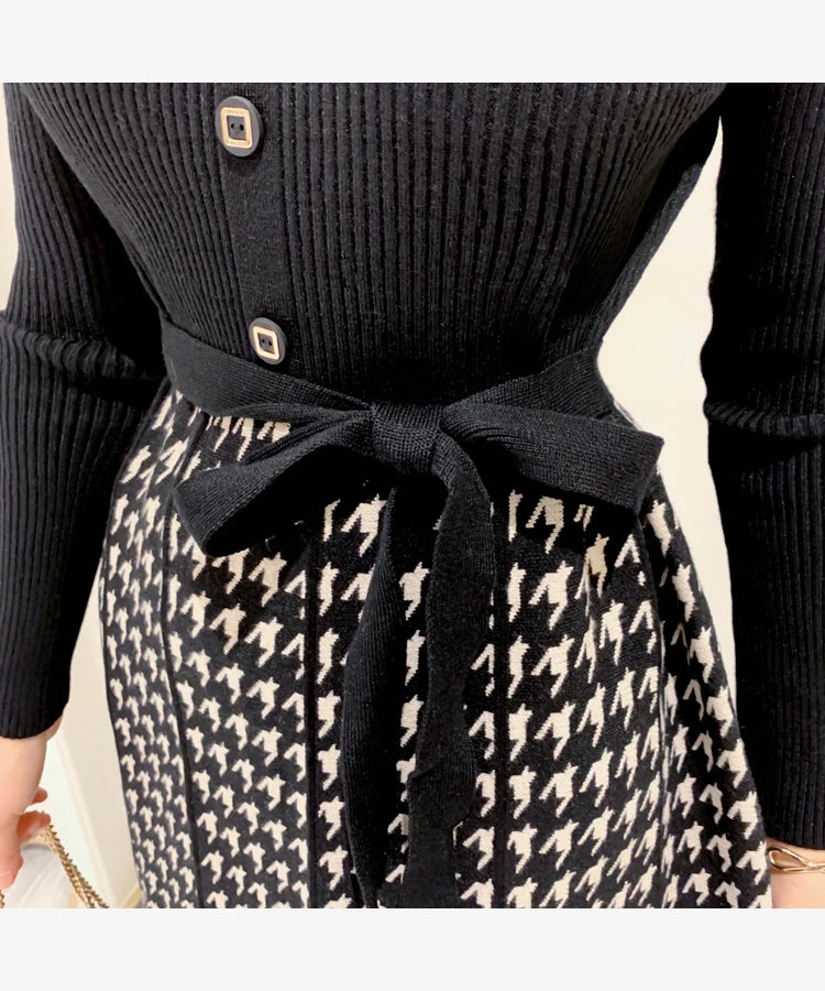 Korean Elegant Knitted Plaid Patchwork Midi Dress for Women Long Sleeve O-neck Bird Lattice Bow Pleated Dress Autumn Winter 2023