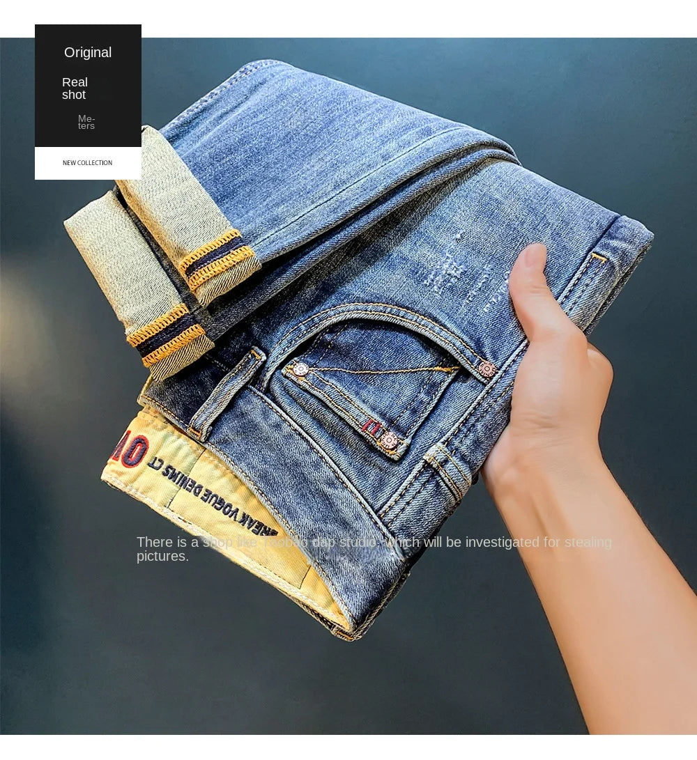 Light Luxury Jeans for Men 2024 Autumn Retro Distressed Casual Trousers Fashion Street Skinny Denim Pants