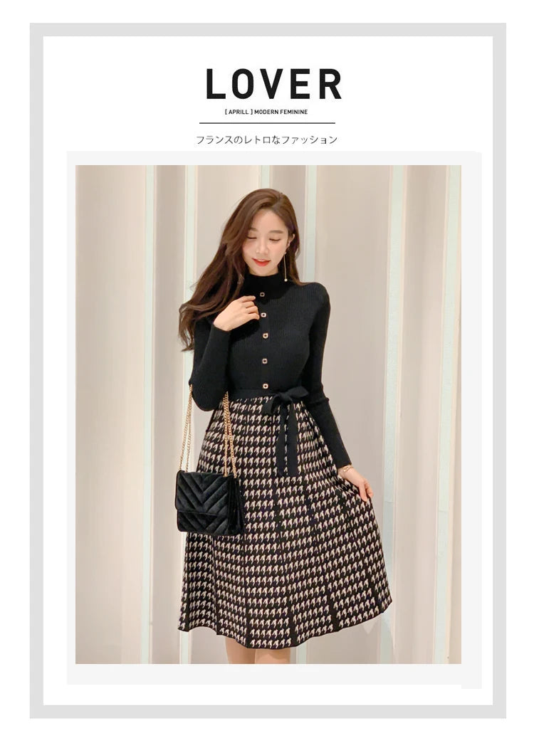 Korean Elegant Knitted Plaid Patchwork Midi Dress for Women Long Sleeve O-neck Bird Lattice Bow Pleated Dress Autumn Winter 2023