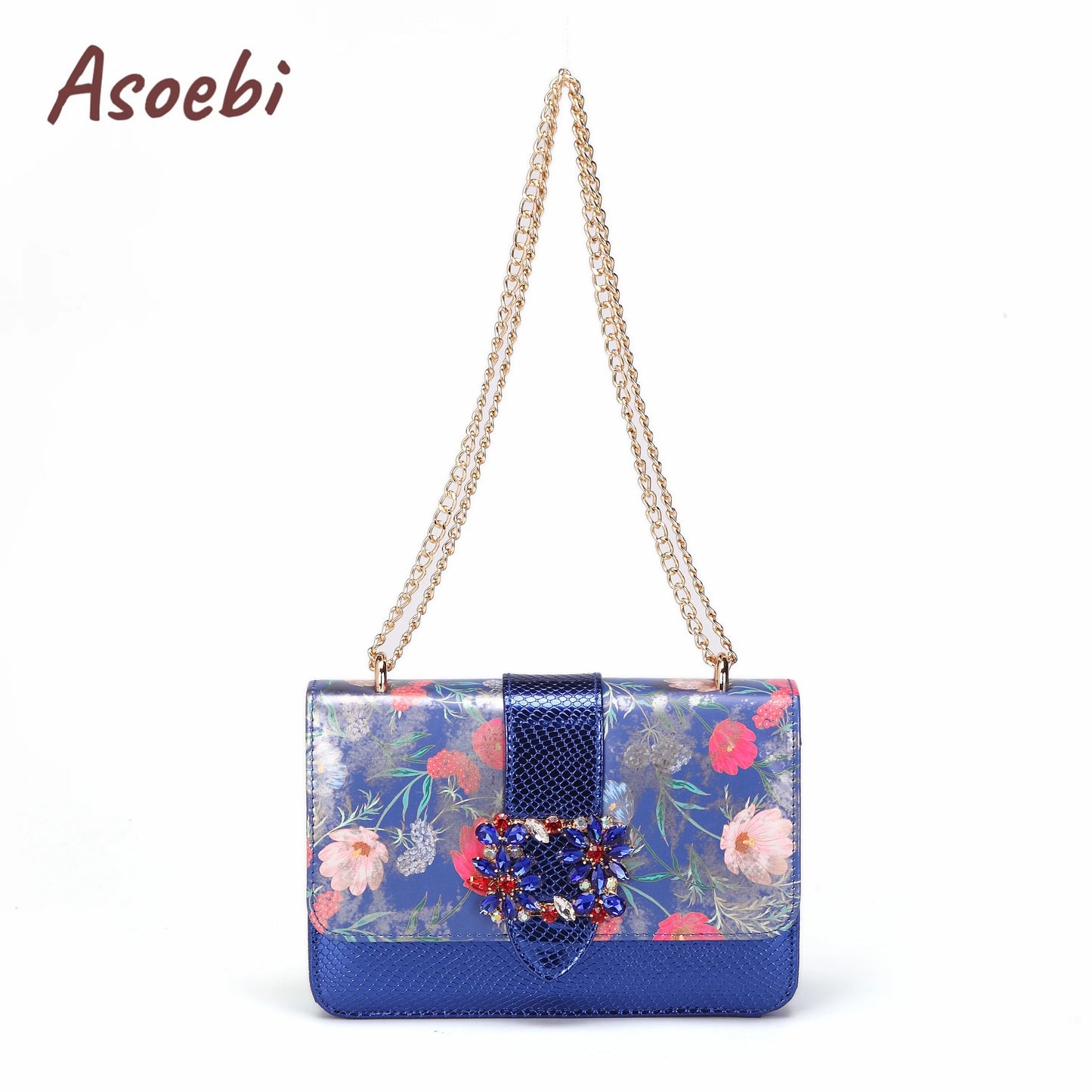Women High Heels Sandals Printing Flower Material with Rhinestone Italian Design Coffee Color Pointed Toe Shoes and Bags Set