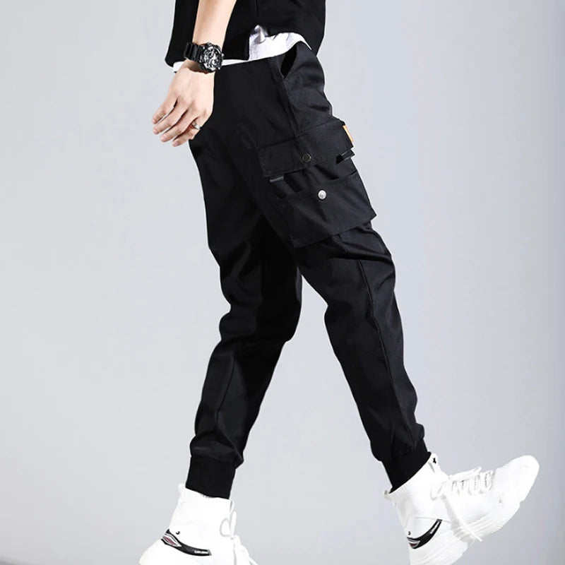 Casual Cargo Men Slim Black Pants Ninth Pants Summer Korea Fashion Harlan Pants Vintage Loose Male Trousers Spring Multi-pocket