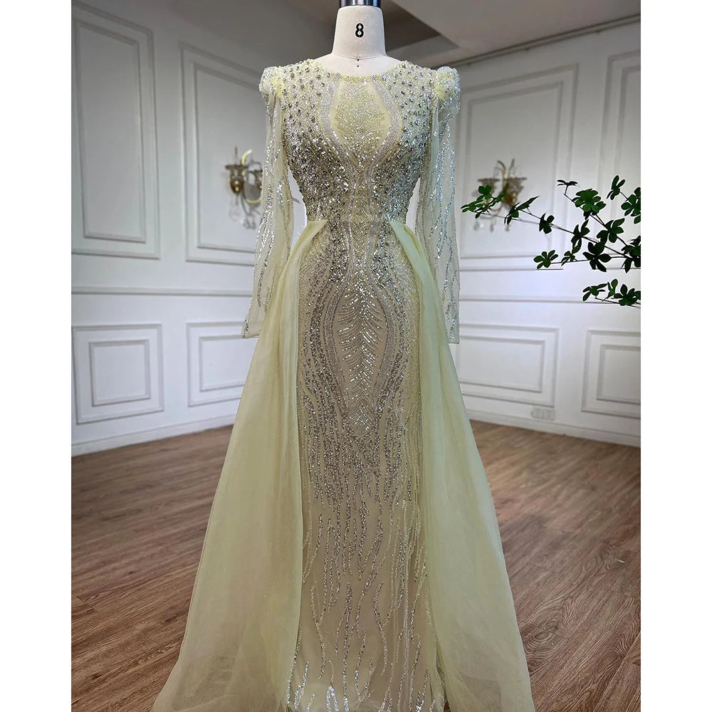 Serene Hill Muslim Blue Mermaid Over Skirt Evening Dresses Beads Puff Shoulder Prom Formal Gowns 2024 For Women Party LA72030