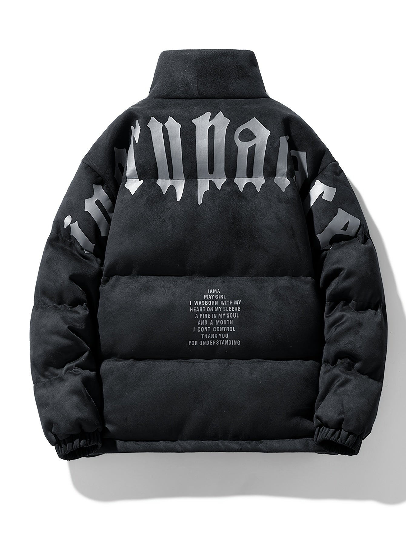 Men's Fashion Letter Print Casual Thick Warm Winter Coat With Stand Collar, Stylish And Cozy Coat
