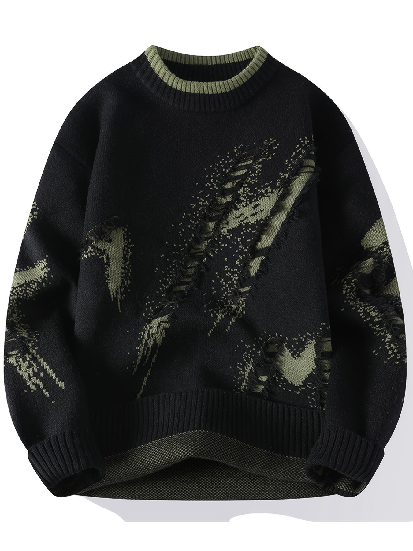 Cozy Men's Loose Fit Color Block Frayed Knitted Pullover Sweater - Soft, Casual, Long Sleeve, Crew Neck, Perfect for Fall and Winter - Easy to Match, Versatile, and Warm