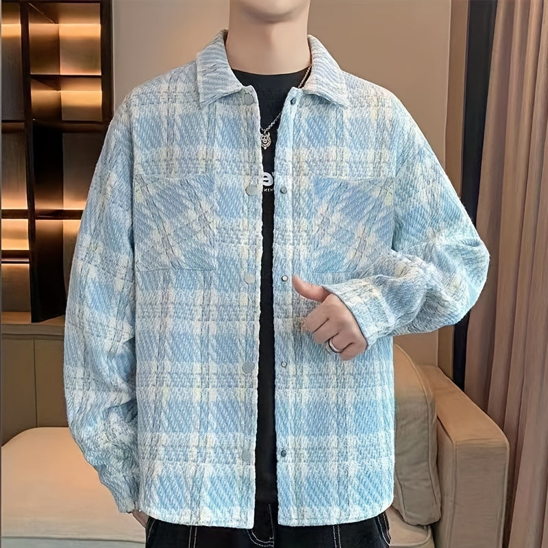 Mens Classic Plaid Loose Fit Long Sleeve Shirt with Chest Pockets - Square Neck, Button Up, Non-Stretch Polyester, Weekend Casual Wear for Spring and Fall Seasons - England Inspired, Cross Pattern, Outdoor and Daily Wear