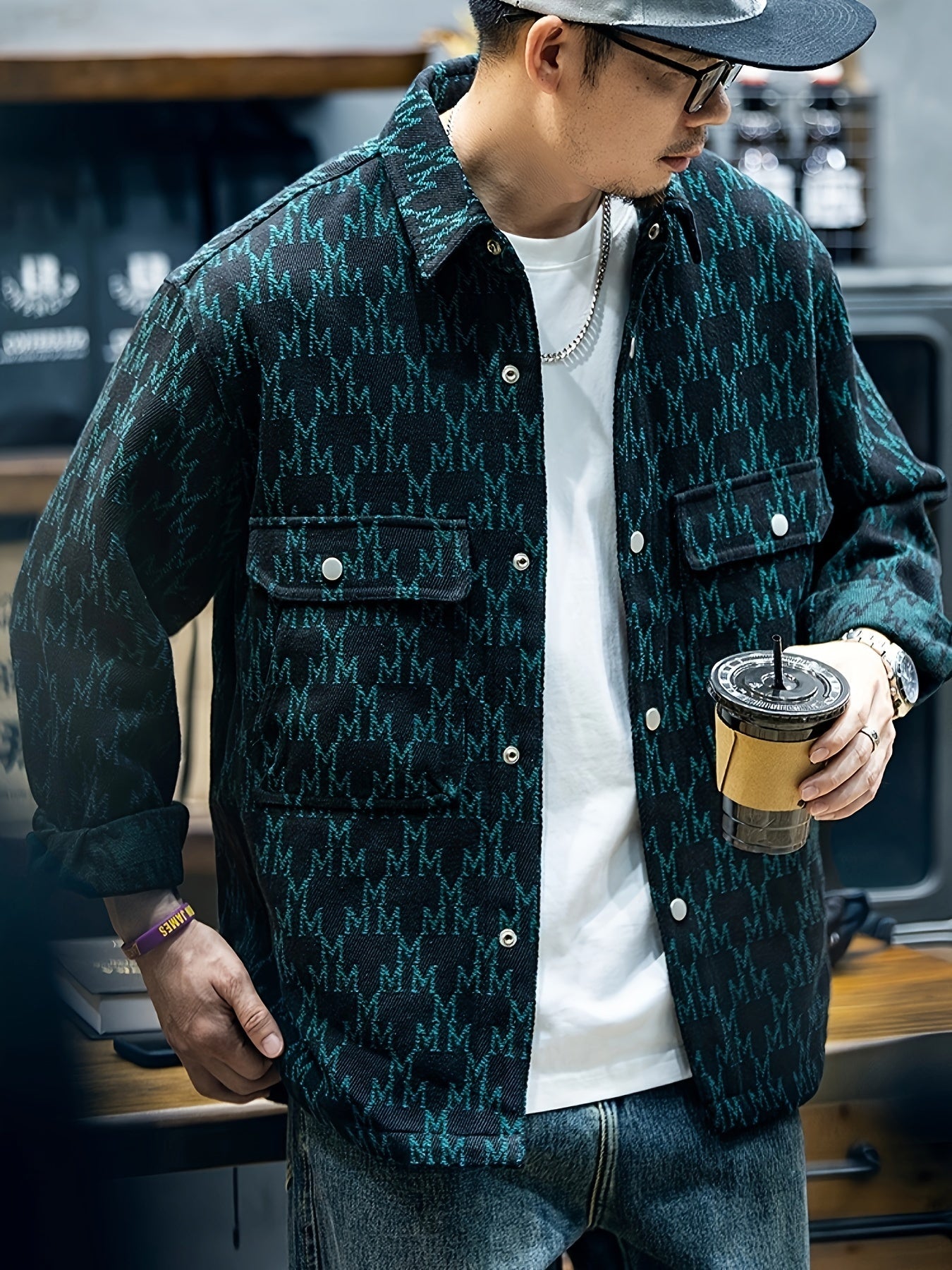 Mens Fashionable Graphic Print Jacket - Stylish & Comfortable Lapel Button Up Coat - Ideal for Spring & Fall - Versatile Long Sleeve Wear