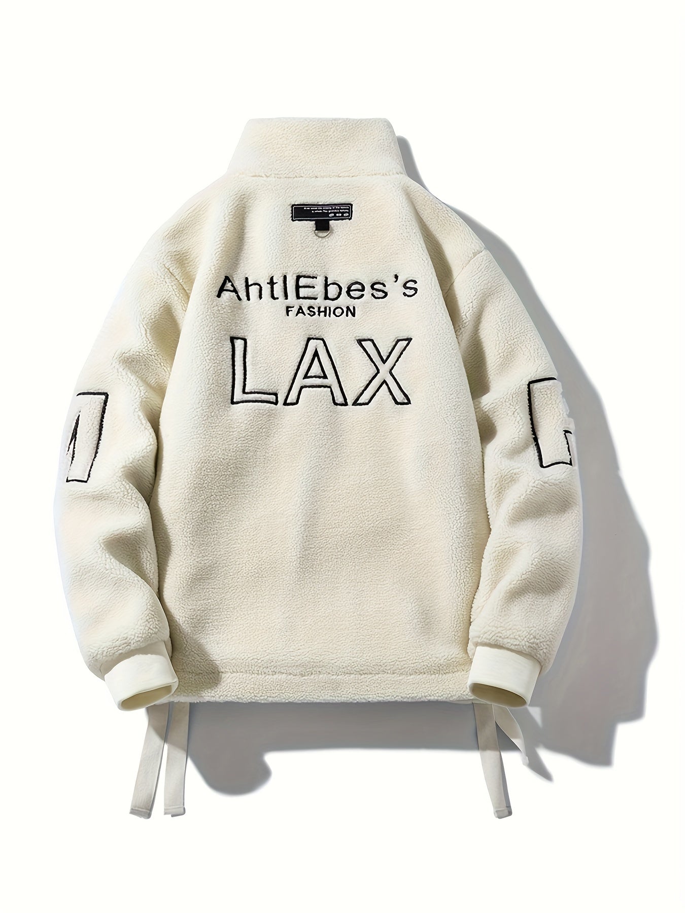 Men's Loose LAX Graphic Print Snuddie Fleece Jacket With Zipper Pockets, Casual Long Sleeve Stand Collar Warm Outwear For Outdoor