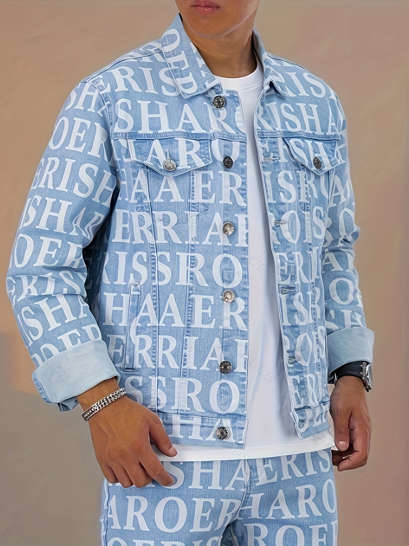 Men's Trendy Cotton Denim Jacket With Letter Full Print, Cool And Street Style Coats For Outdoor Wearing