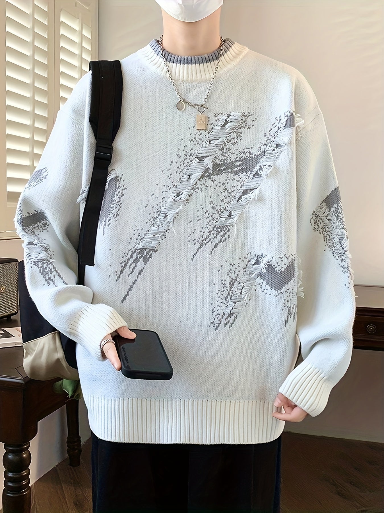 Cozy Men's Loose Fit Color Block Frayed Knitted Pullover Sweater - Soft, Casual, Long Sleeve, Crew Neck, Perfect for Fall and Winter - Easy to Match, Versatile, and Warm
