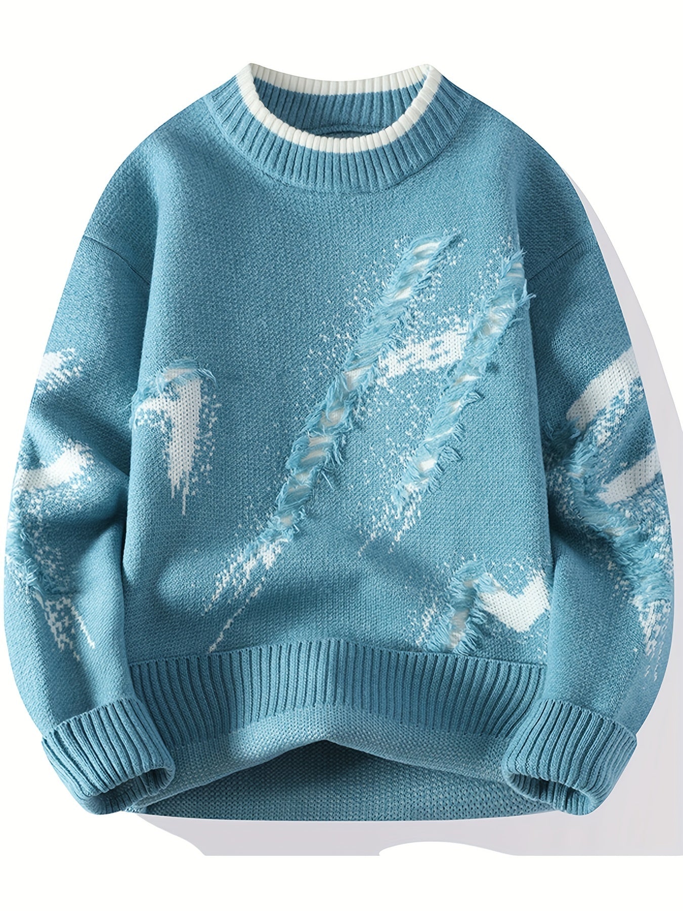 Cozy Men's Loose Fit Color Block Frayed Knitted Pullover Sweater - Soft, Casual, Long Sleeve, Crew Neck, Perfect for Fall and Winter - Easy to Match, Versatile, and Warm
