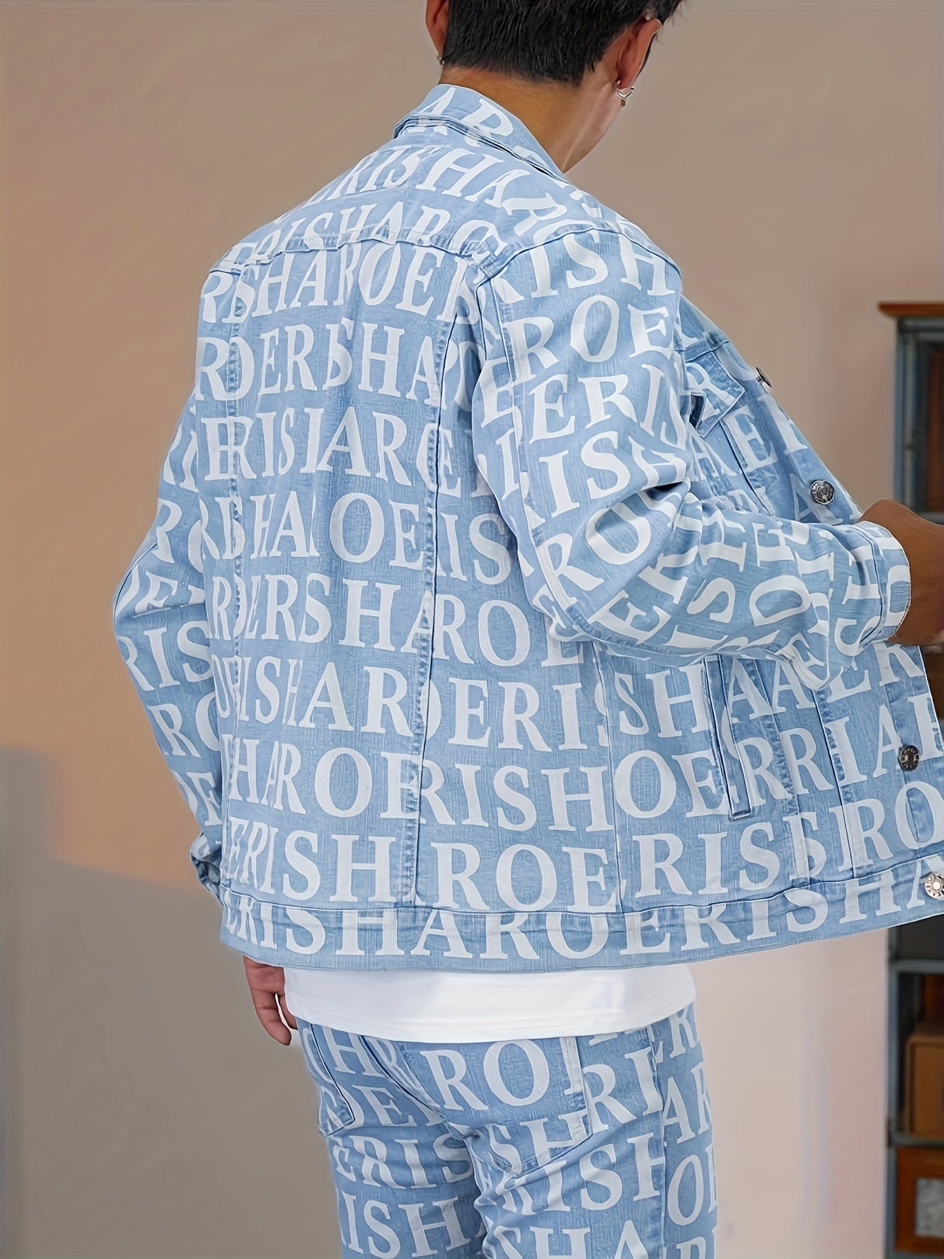 Men's Trendy Cotton Denim Jacket With Letter Full Print, Cool And Street Style Coats For Outdoor Wearing