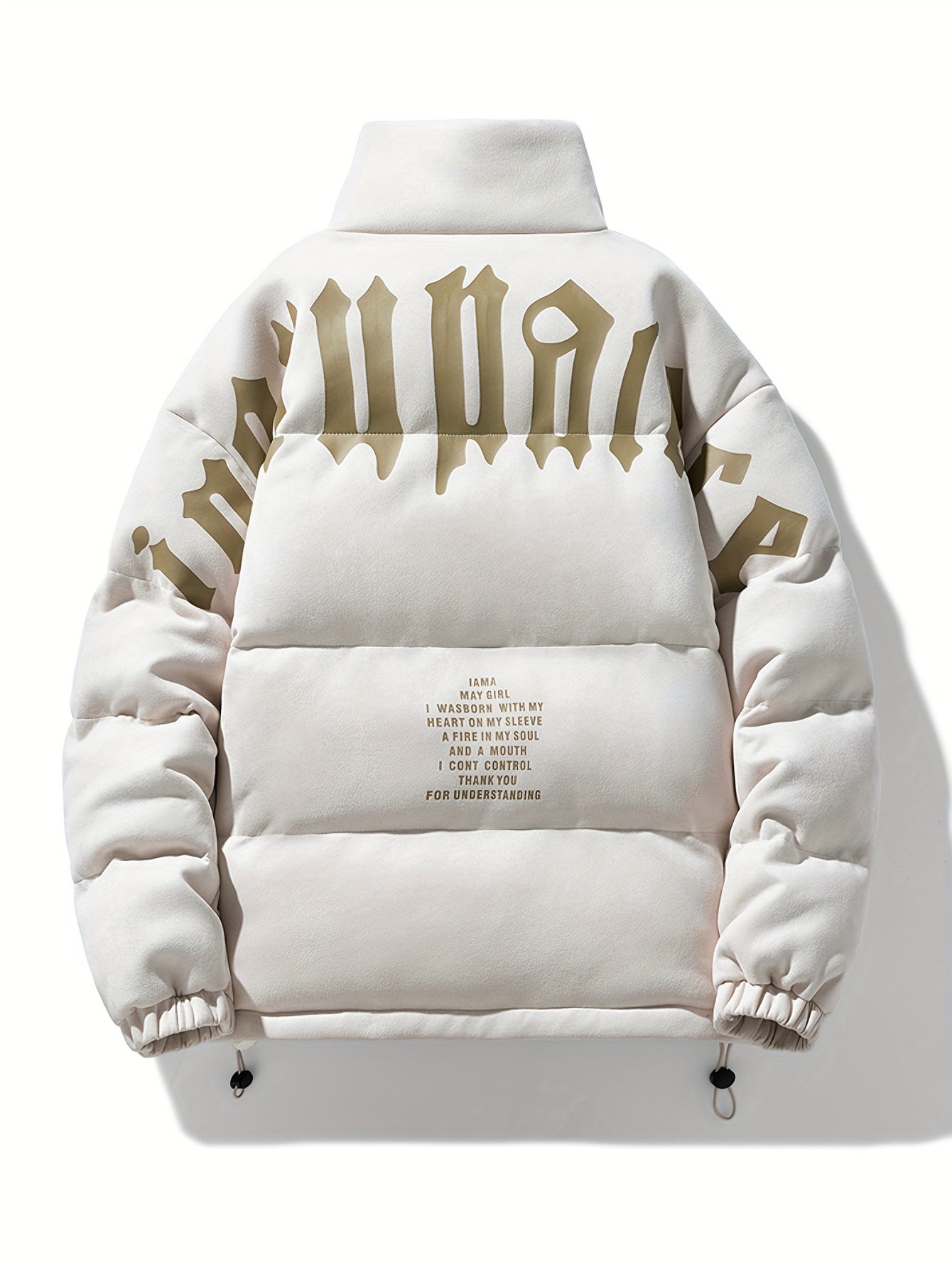 Men's Fashion Letter Print Casual Thick Warm Winter Coat With Stand Collar, Stylish And Cozy Coat