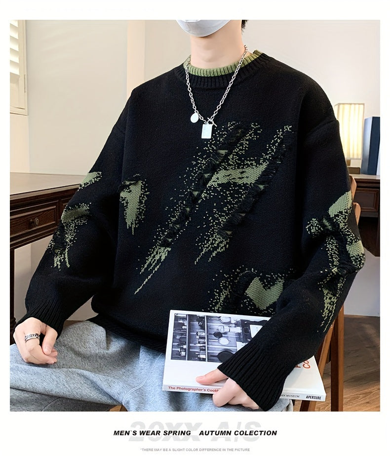 Cozy Men's Loose Fit Color Block Frayed Knitted Pullover Sweater - Soft, Casual, Long Sleeve, Crew Neck, Perfect for Fall and Winter - Easy to Match, Versatile, and Warm