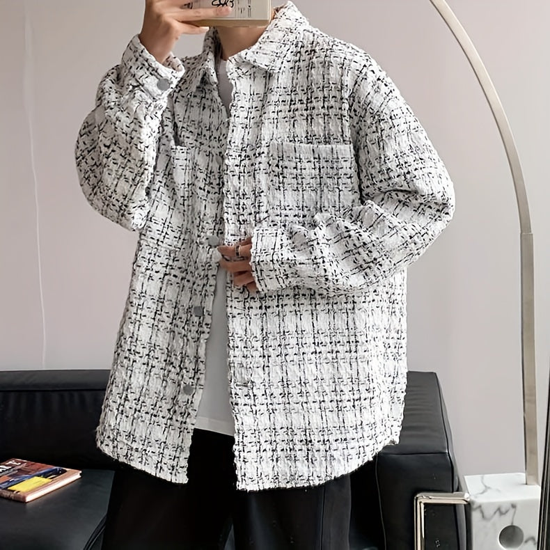 Mens Classic Plaid Loose Fit Long Sleeve Shirt with Chest Pockets - Square Neck, Button Up, Non-Stretch Polyester, Weekend Casual Wear for Spring and Fall Seasons - England Inspired, Cross Pattern, Outdoor and Daily Wear