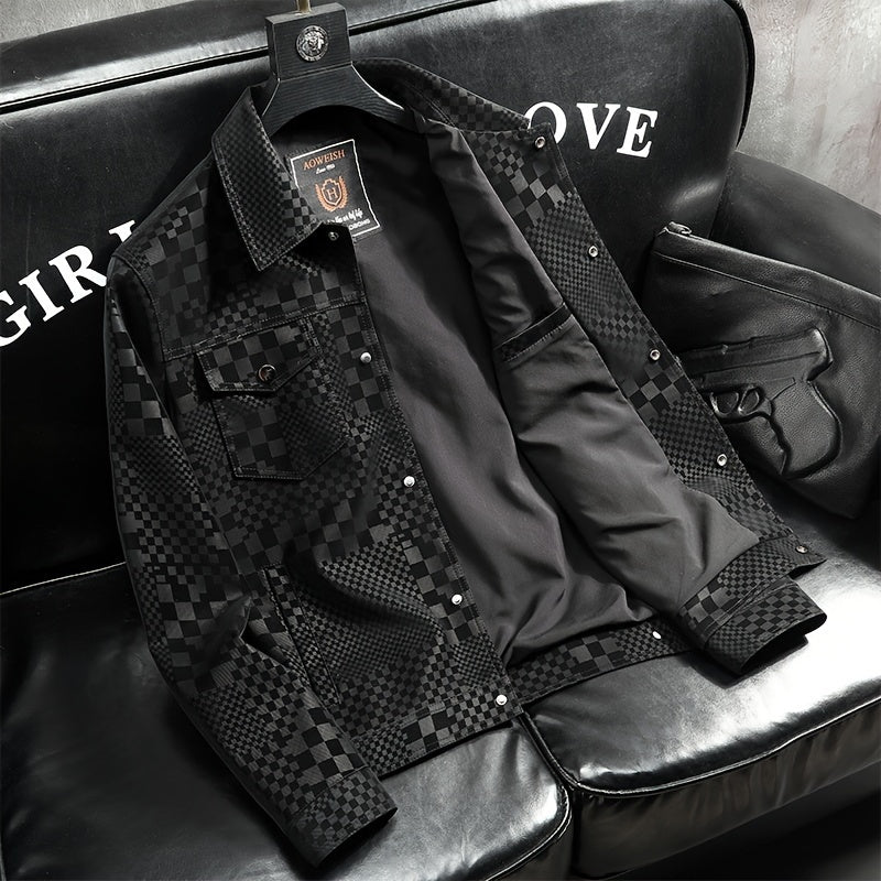 Mens Regular Fit PU Leather Jacket with Lapel Collar - Long Sleeve, Single Breasted, All Over Checkerboard Pattern, Polyester Lining, Multiple Pockets - Perfect for Casual Scene