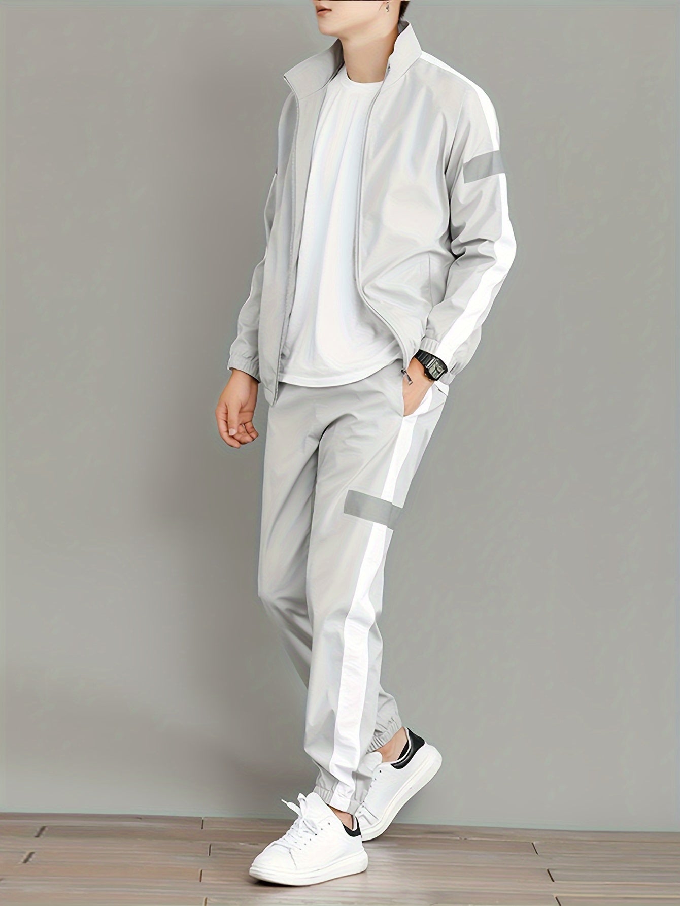 Men's Casual Sportswear Set - Trendy Korean-Style Jacket & Pants Combo, Long Sleeve, Machine Washable