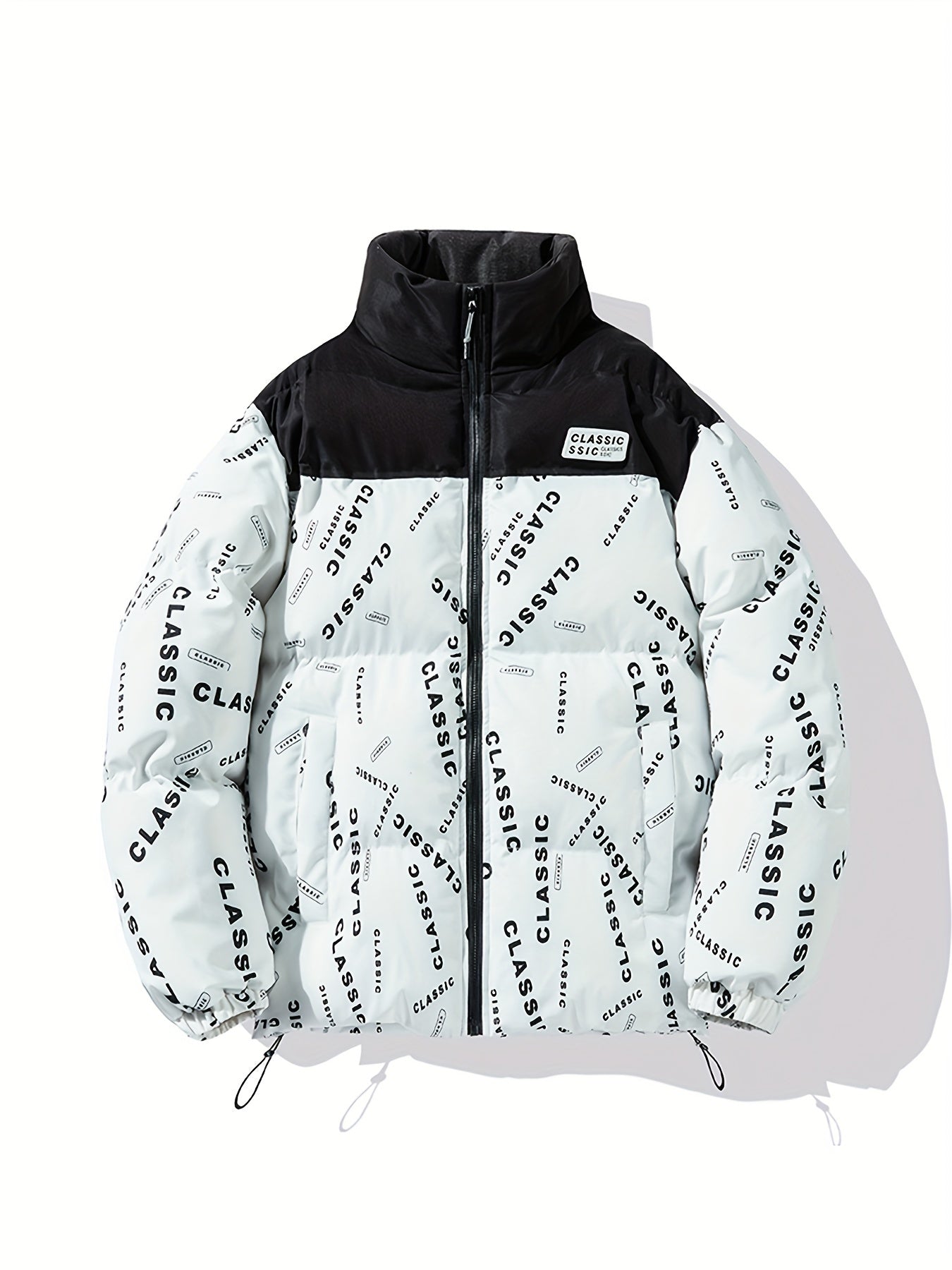 Men's Letters Pattern Color Blocking Faux Down Jacket, Comfy Warm Trendy Long Sleeve Stand Collar Retro Coat As Gift For Winter