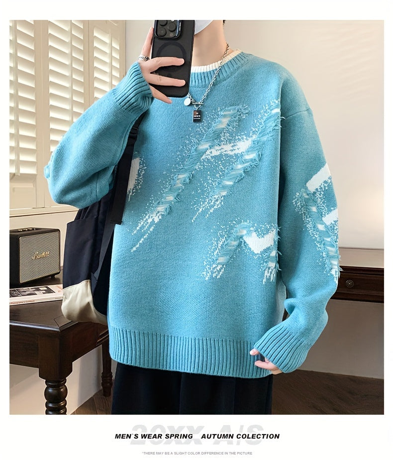 Cozy Men's Loose Fit Color Block Frayed Knitted Pullover Sweater - Soft, Casual, Long Sleeve, Crew Neck, Perfect for Fall and Winter - Easy to Match, Versatile, and Warm