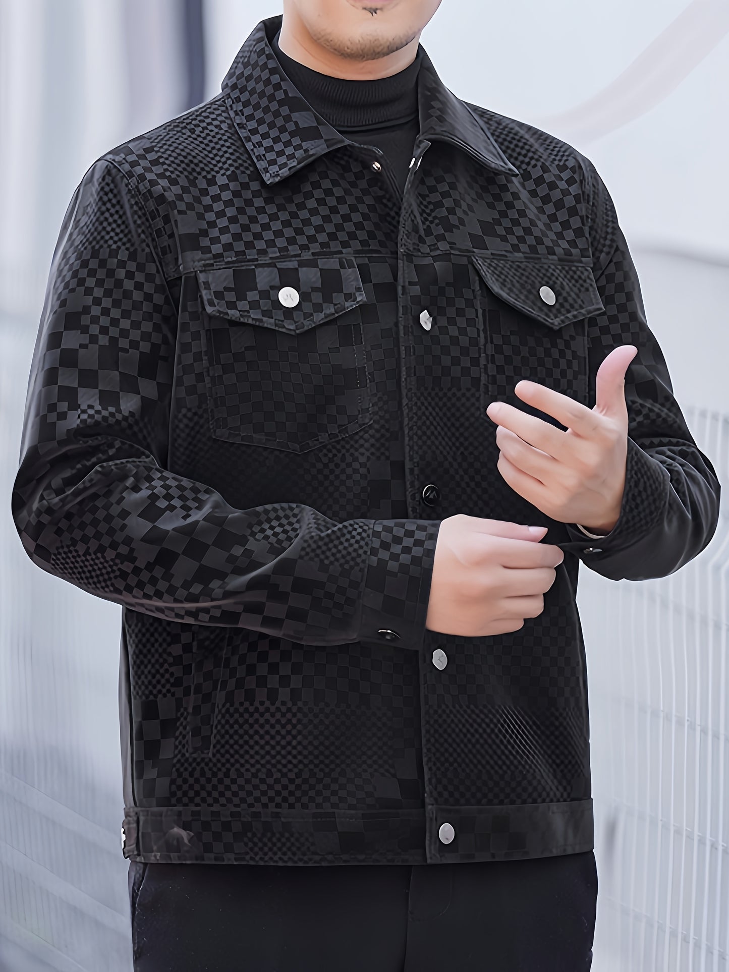 Mens Regular Fit PU Leather Jacket with Lapel Collar - Long Sleeve, Single Breasted, All Over Checkerboard Pattern, Polyester Lining, Multiple Pockets - Perfect for Casual Scene
