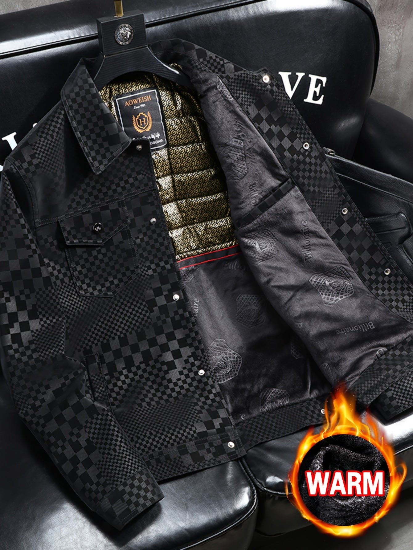 Mens Regular Fit PU Leather Jacket with Lapel Collar - Long Sleeve, Single Breasted, All Over Checkerboard Pattern, Polyester Lining, Multiple Pockets - Perfect for Casual Scene
