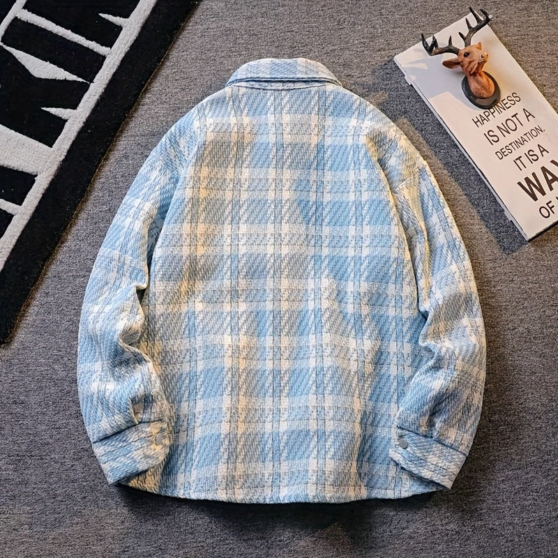 Mens Classic Plaid Loose Fit Long Sleeve Shirt with Chest Pockets - Square Neck, Button Up, Non-Stretch Polyester, Weekend Casual Wear for Spring and Fall Seasons - England Inspired, Cross Pattern, Outdoor and Daily Wear