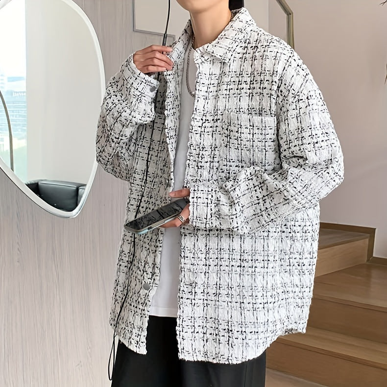 Mens Classic Plaid Loose Fit Long Sleeve Shirt with Chest Pockets - Square Neck, Button Up, Non-Stretch Polyester, Weekend Casual Wear for Spring and Fall Seasons - England Inspired, Cross Pattern, Outdoor and Daily Wear