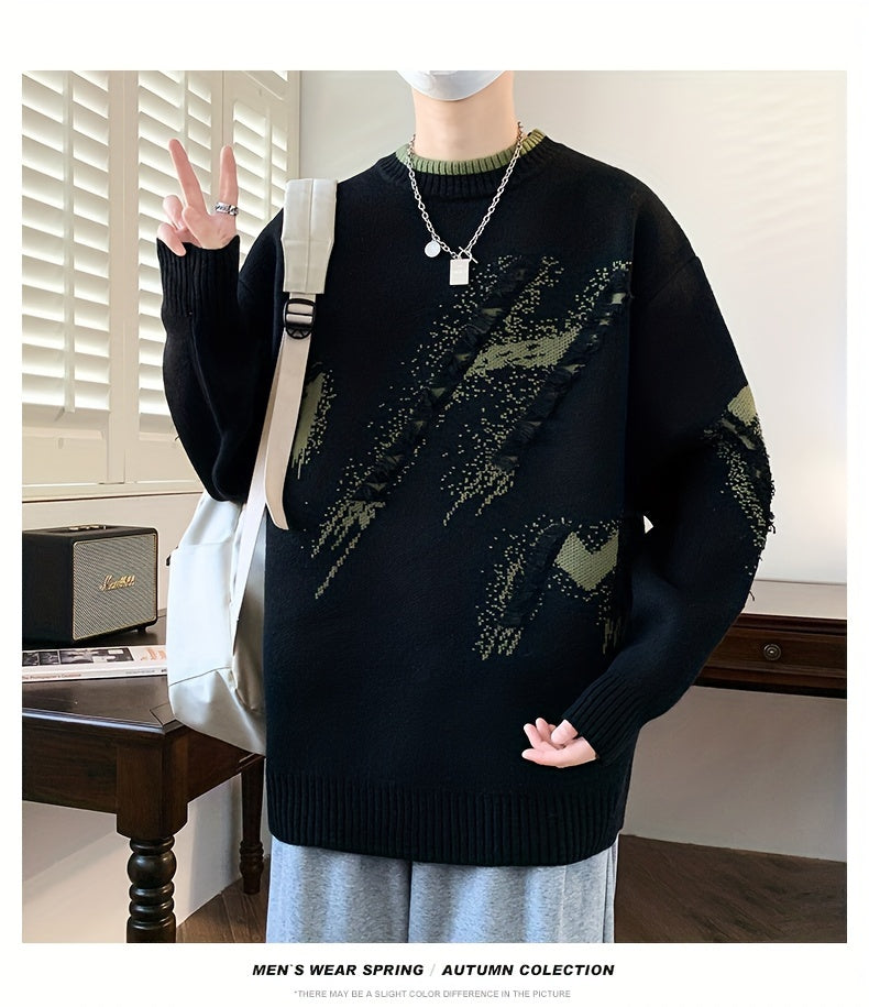 Cozy Men's Loose Fit Color Block Frayed Knitted Pullover Sweater - Soft, Casual, Long Sleeve, Crew Neck, Perfect for Fall and Winter - Easy to Match, Versatile, and Warm