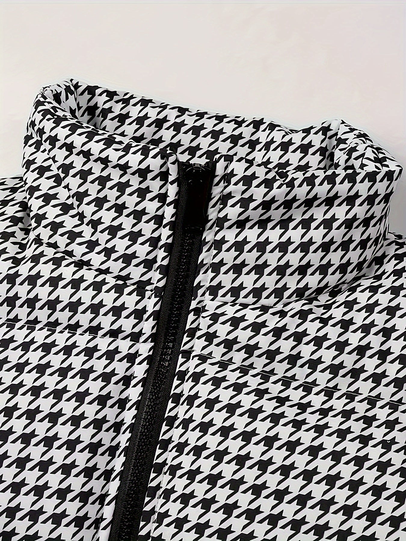 Men's Houndstooth Winter Puffer Jacket - Polyester Stand Collar Casual Style Coats, Machine Washable