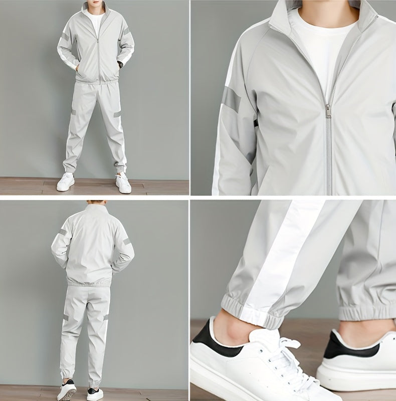 Men's Casual Sportswear Set - Trendy Korean-Style Jacket & Pants Combo, Long Sleeve, Machine Washable