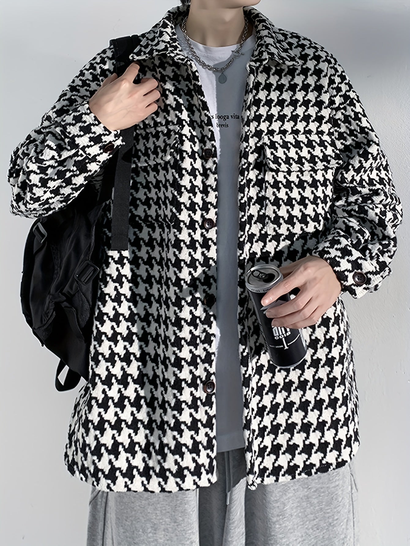 Stylish Men's Checkered Graphic Print Jacket - Long Sleeve, Hooded, Casual Button Up with Lapel, Multiple Pockets, Perfect for Outdoor Activities and Everyday Wear
