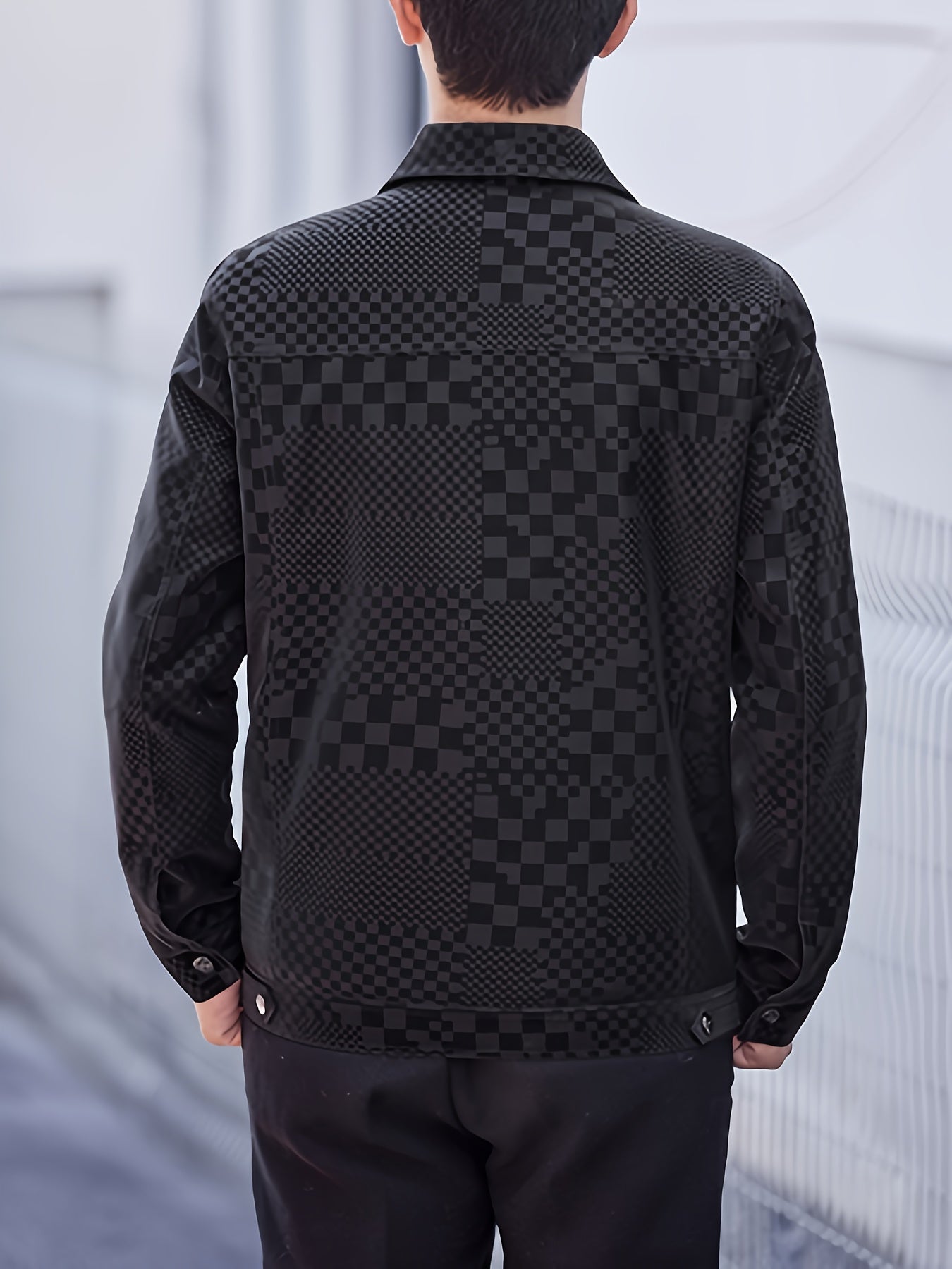 Mens Regular Fit PU Leather Jacket with Lapel Collar - Long Sleeve, Single Breasted, All Over Checkerboard Pattern, Polyester Lining, Multiple Pockets - Perfect for Casual Scene